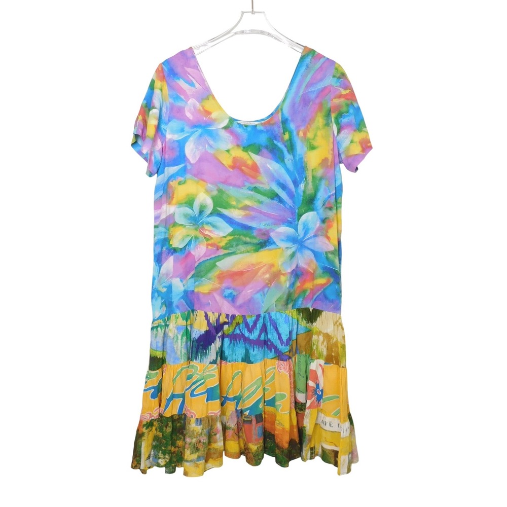Jams World 50 Years Tiare Rayon Tiered Ruffle Shift Dress L Made in Hawaii USA